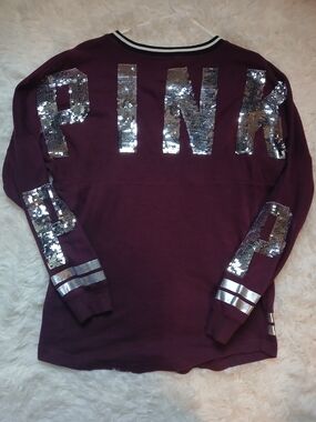 PINK Victoria's Secret Burgundy Sequin Logo Long Sleeve Hoodie